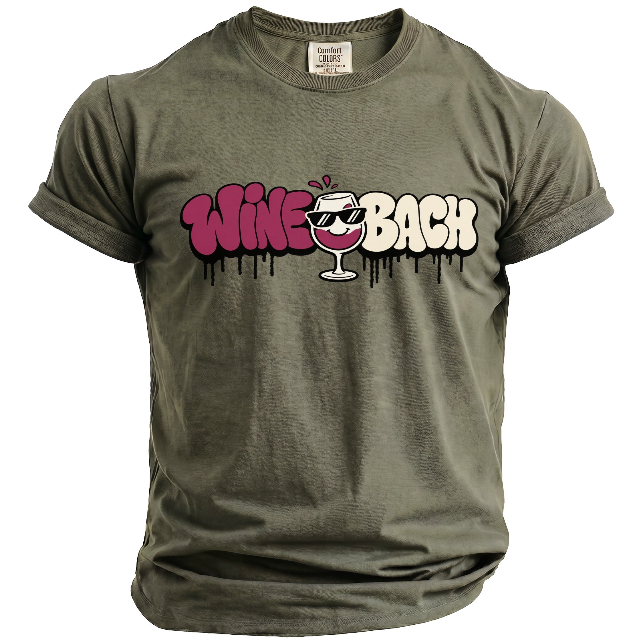 Olive t-shirt with "Wine Bach" text and a cartoon wine glass wearing sunglasses.