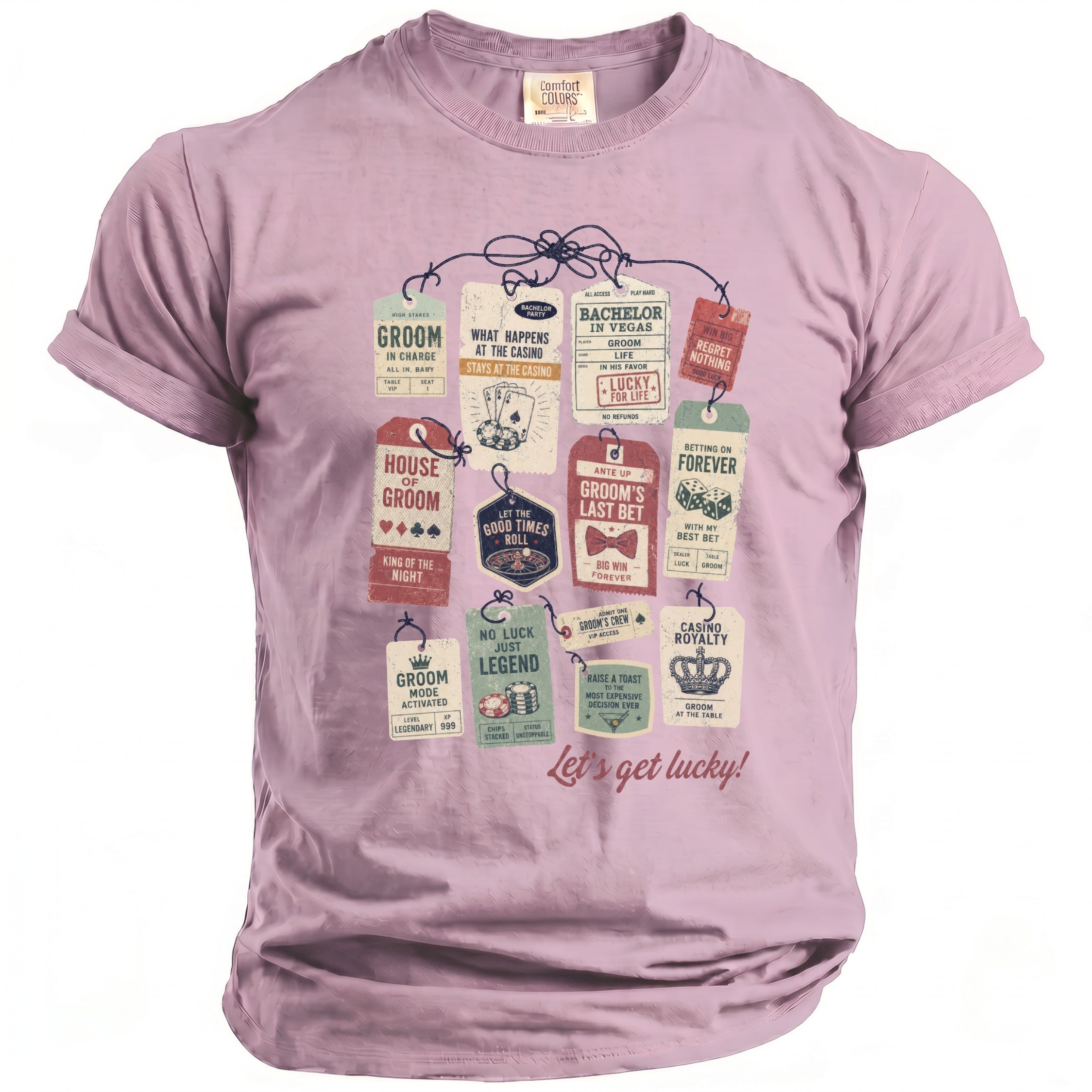 Lavender t-shirt with a graphic of casino-themed tags for a groom's bachelor party.