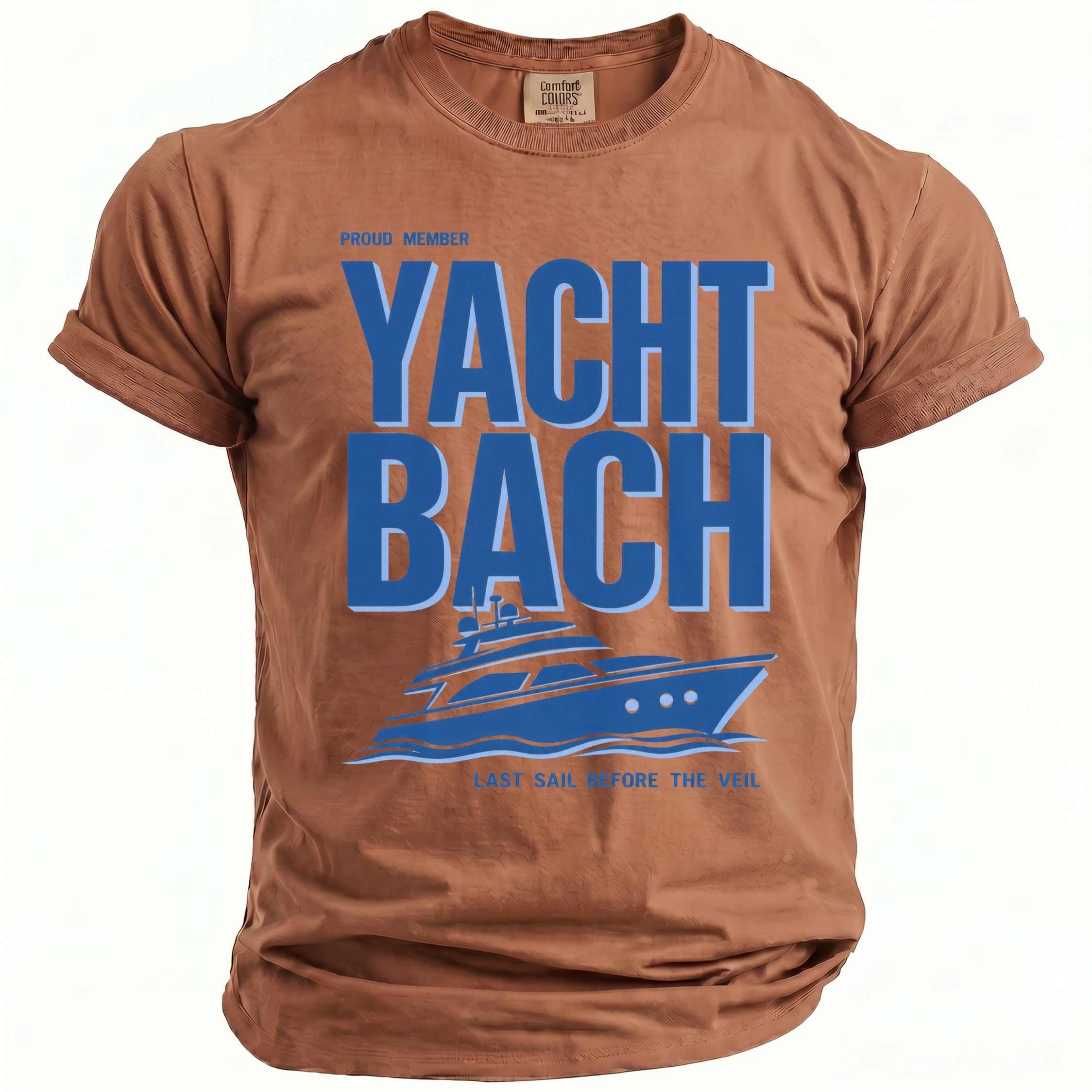 Brown t-shirt with "Proud Member Yacht Bach" and yacht graphic.