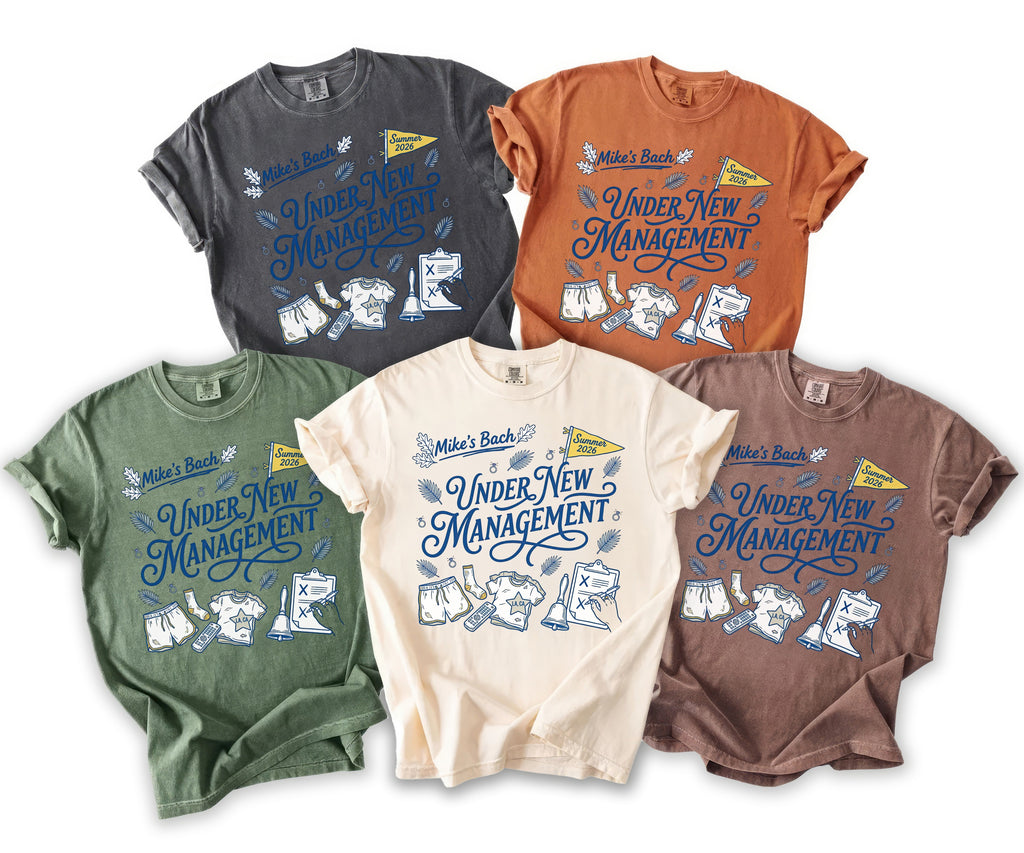 Five t-shirts featuring "Mike's Bach Summer 2026 Under New Management" graphic.
