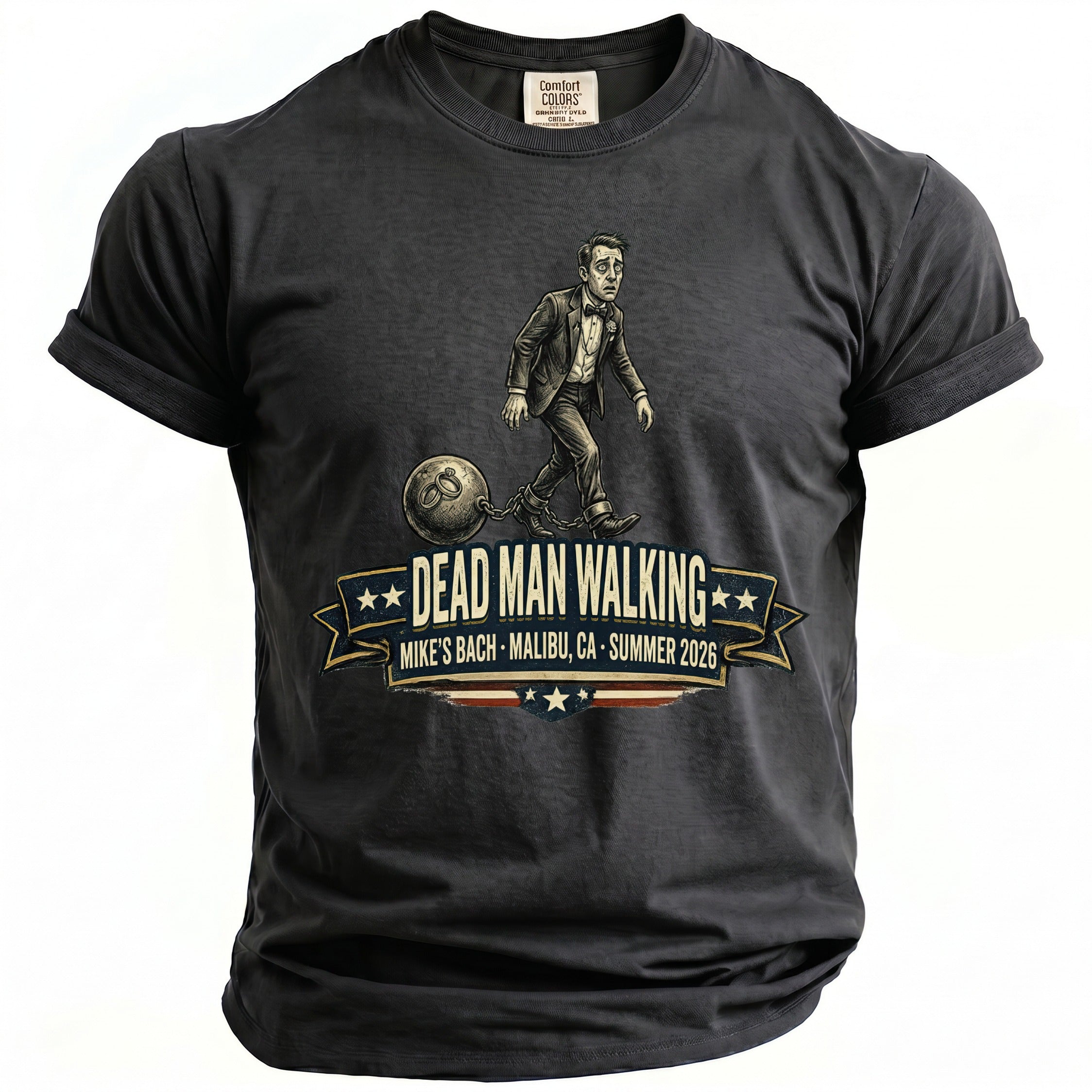 Dark grey t-shirt with "Dead Man Walking" graphic, Mike's Bach, Malibu, Ca, Summer 2026.