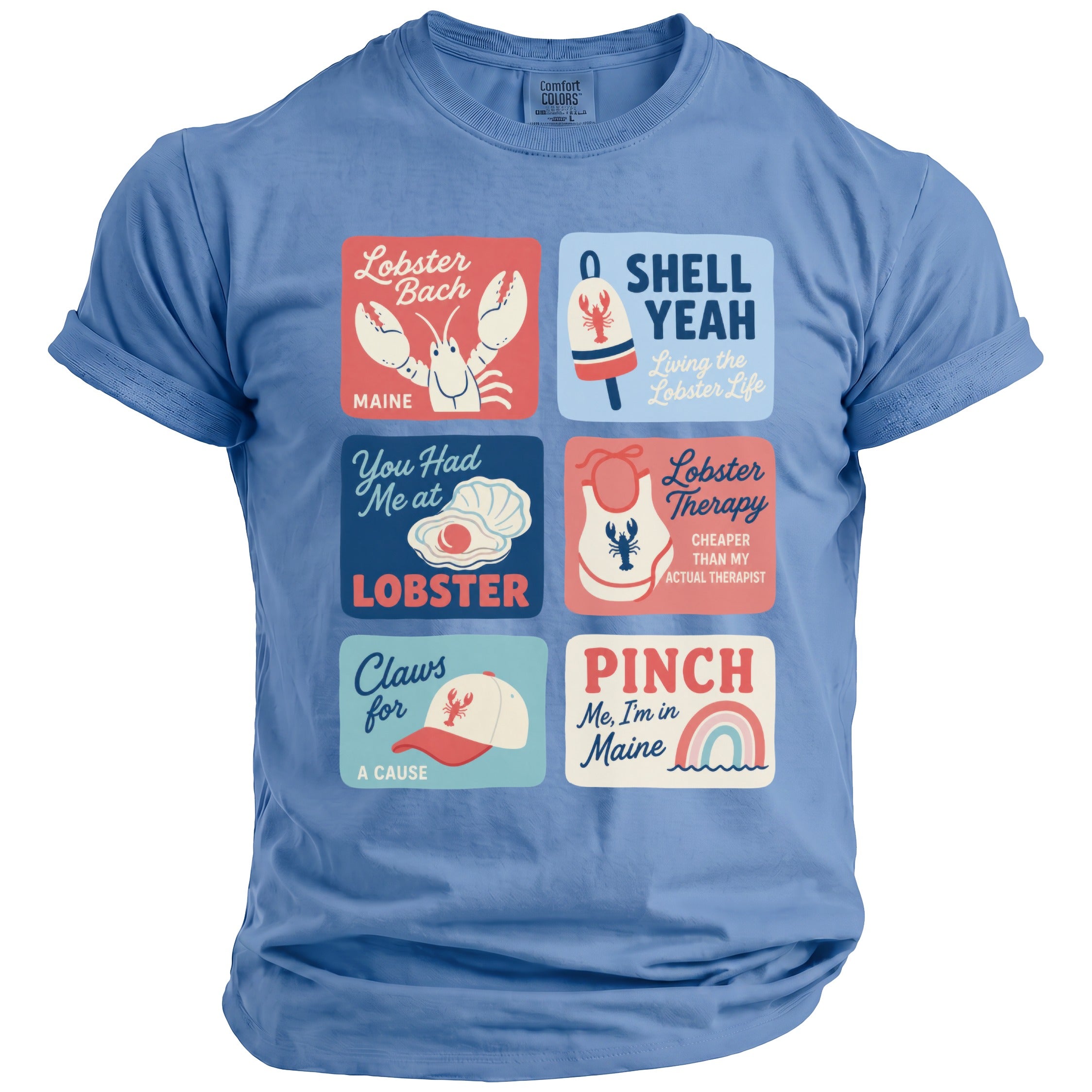 Blue t-shirt with six square graphic designs featuring lobsters, oysters, a lobster popsicle, and text.