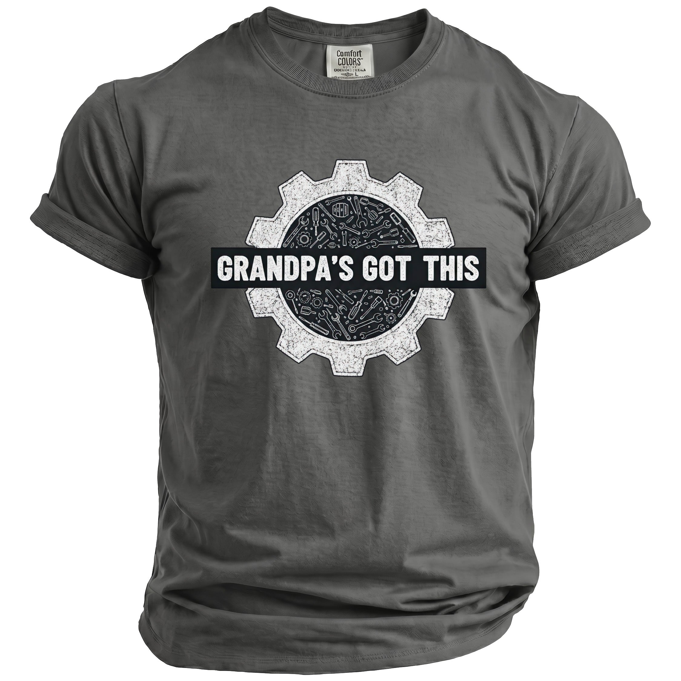 Grey t-shirt with a gear graphic and text that reads "GRANDPA'S GOT THIS".