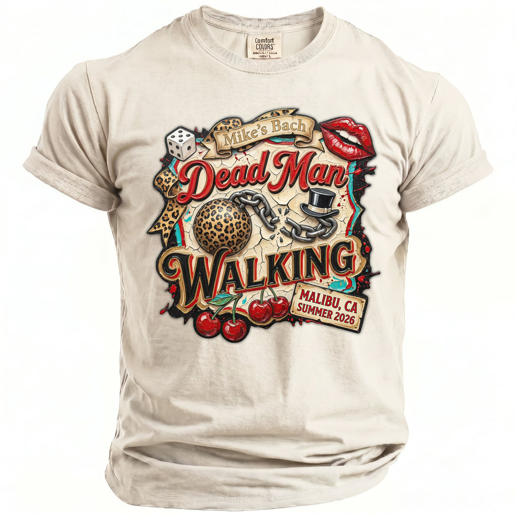 Light beige t-shirt with "Mike's Bach Dead Man Walking" graphic.