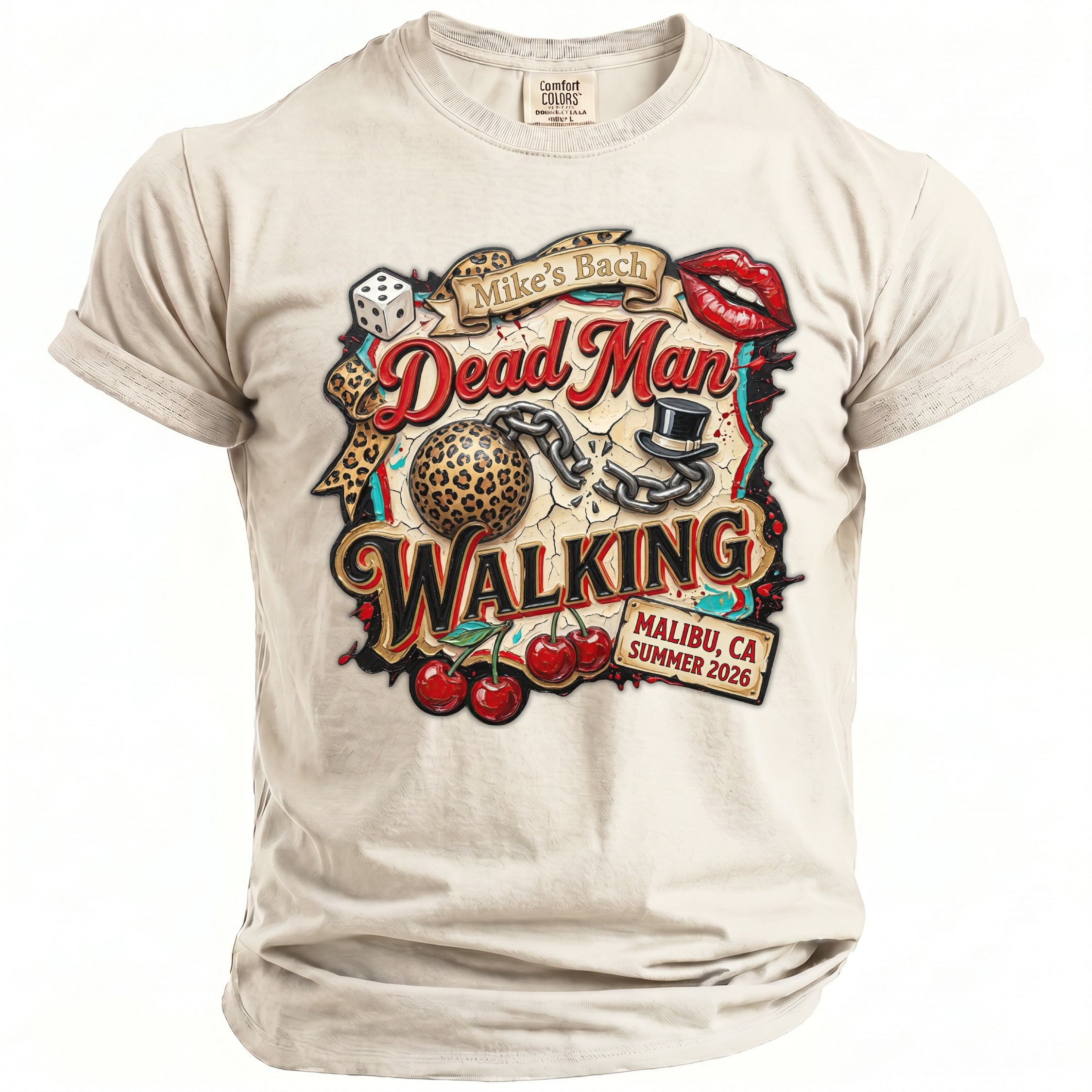 Light beige t-shirt with "Mike's Bach Dead Man Walking" graphic.