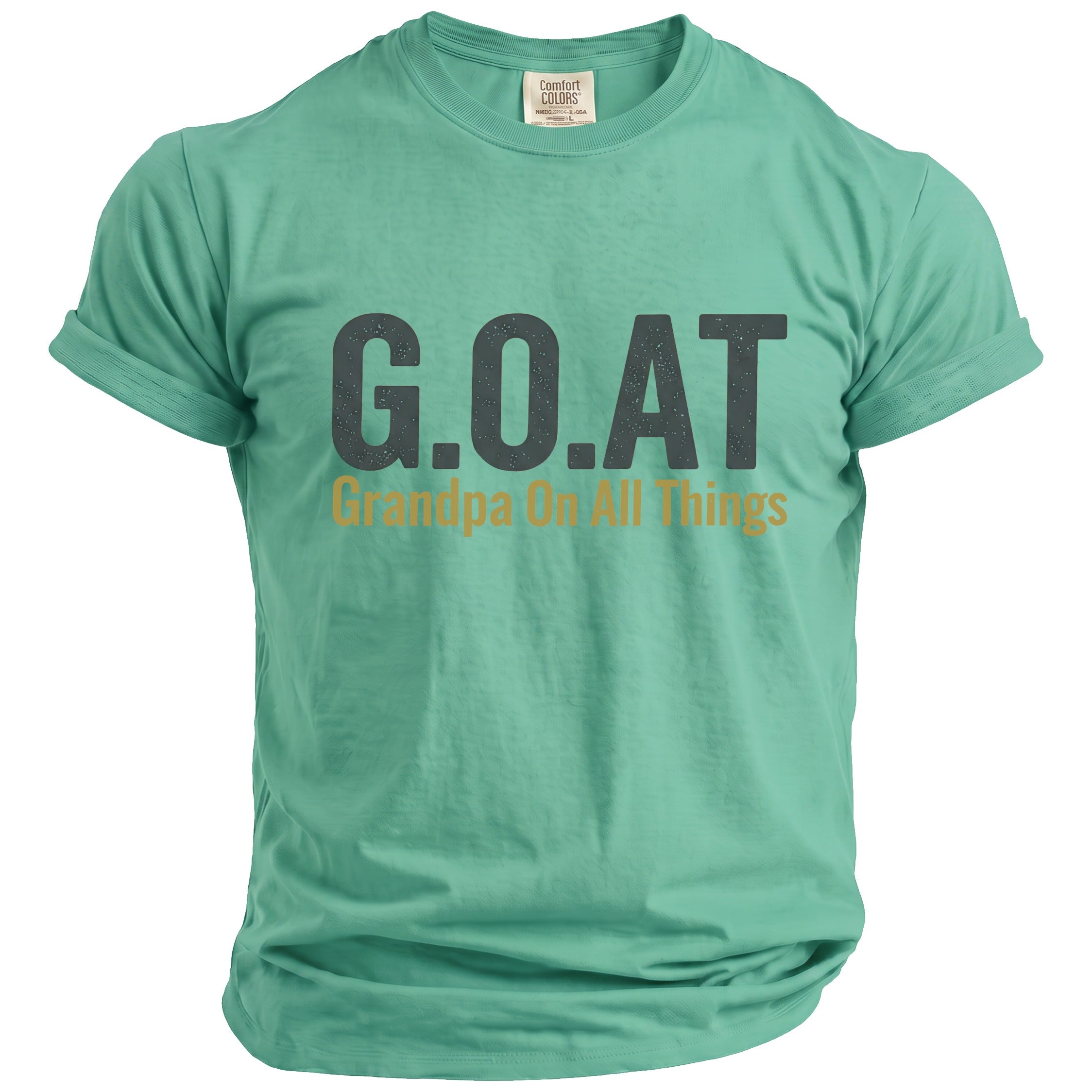 Teal t-shirt with "G.O.A.T Grandpa On All Things" text.