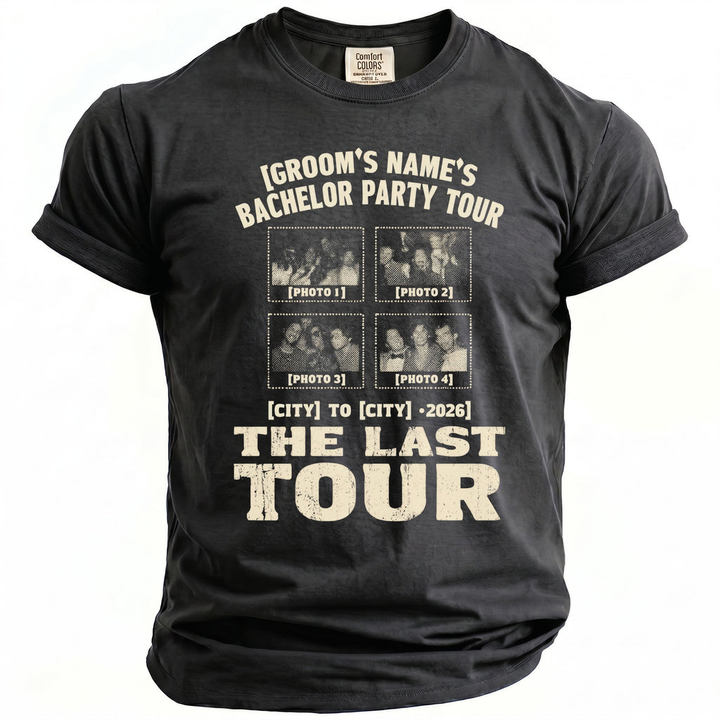 Dark gray t-shirt with "Groom's Name's Bachelor Party Tour" and four photos.