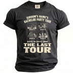 Dark gray t-shirt with "Groom's Name's Bachelor Party Tour" and four photos.