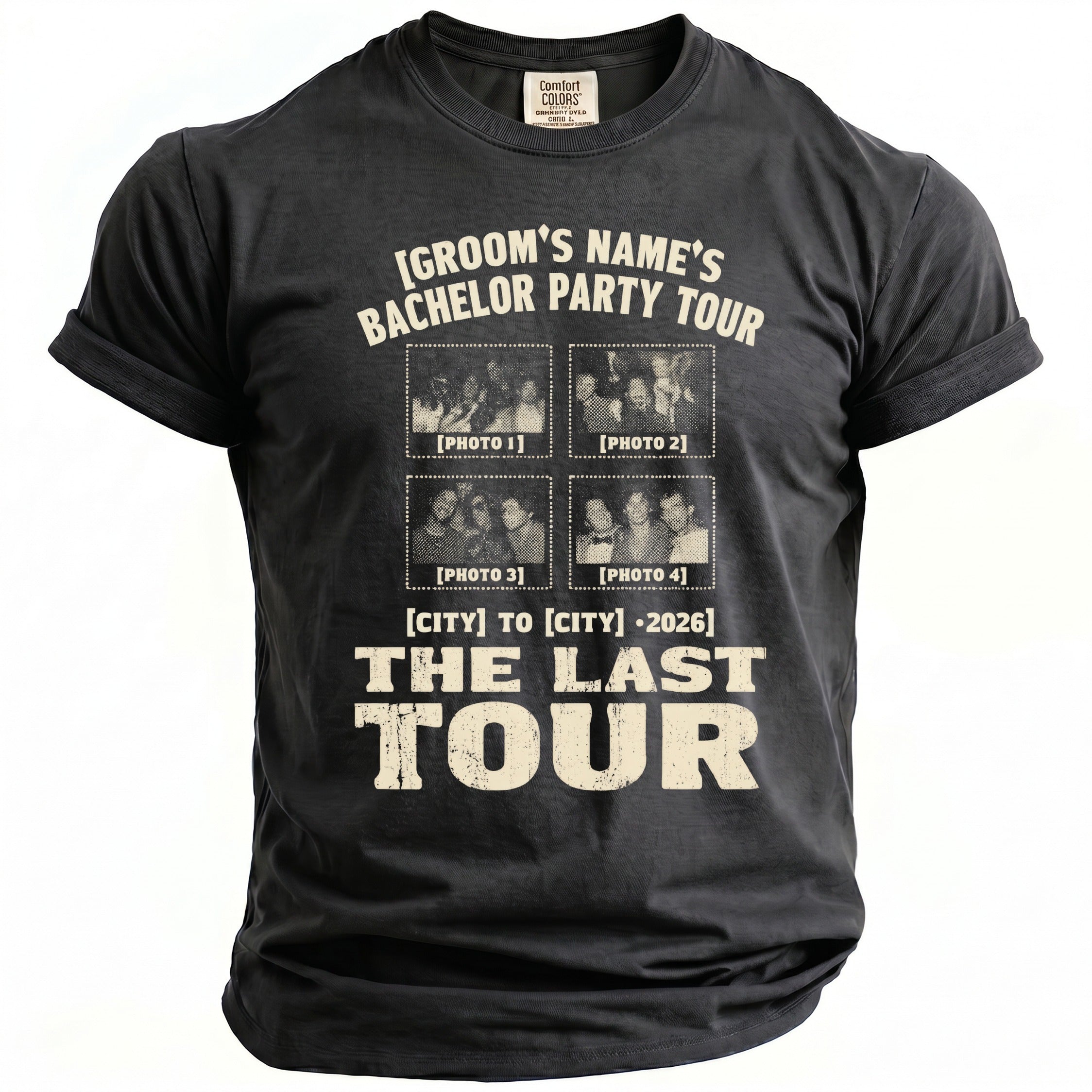 Dark gray t-shirt with "Groom's Name's Bachelor Party Tour" and four photos.