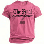 Pink t-shirt with black text "The Final Countdown", rocket graphic, and event details.
