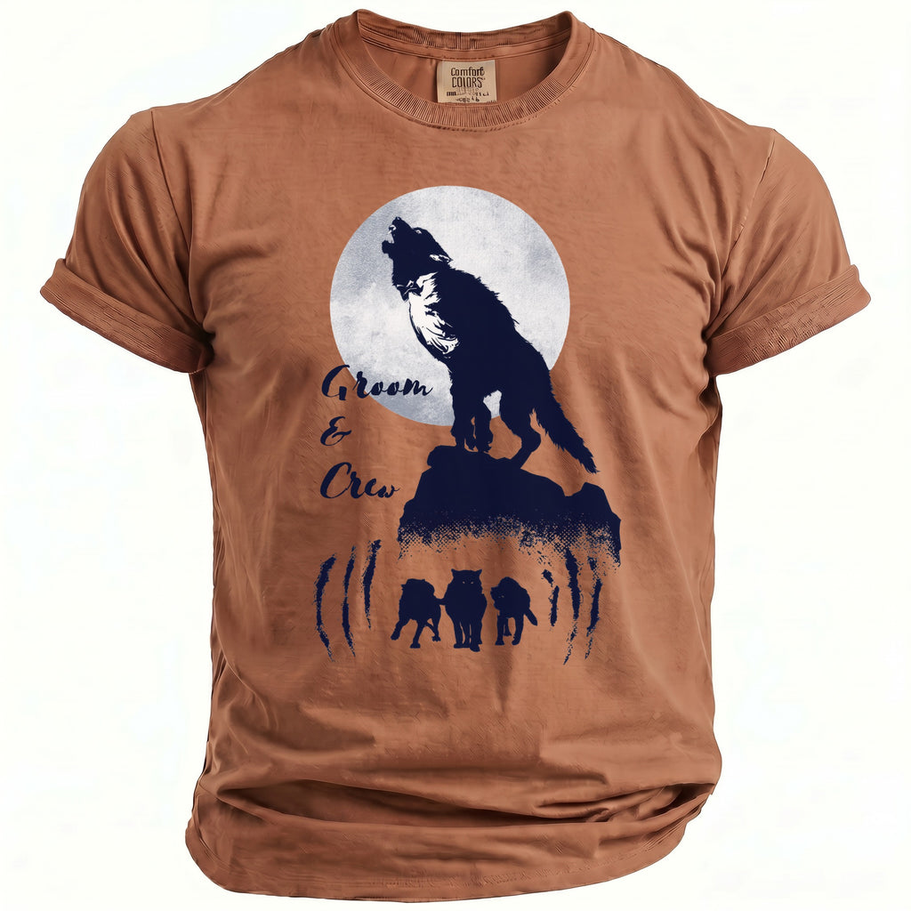 Brown t-shirt with wolf graphic and text "Groom & Crew".
