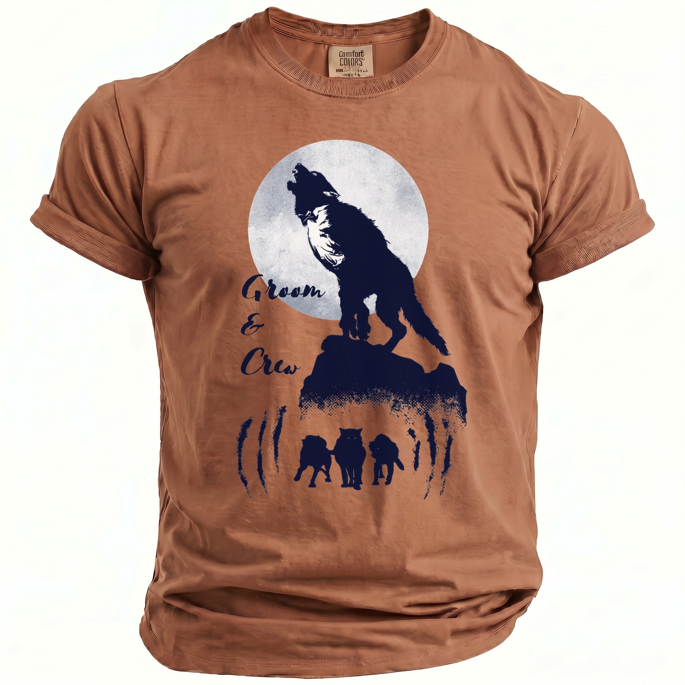 Brown t-shirt with wolf graphic and text "Groom & Crew".