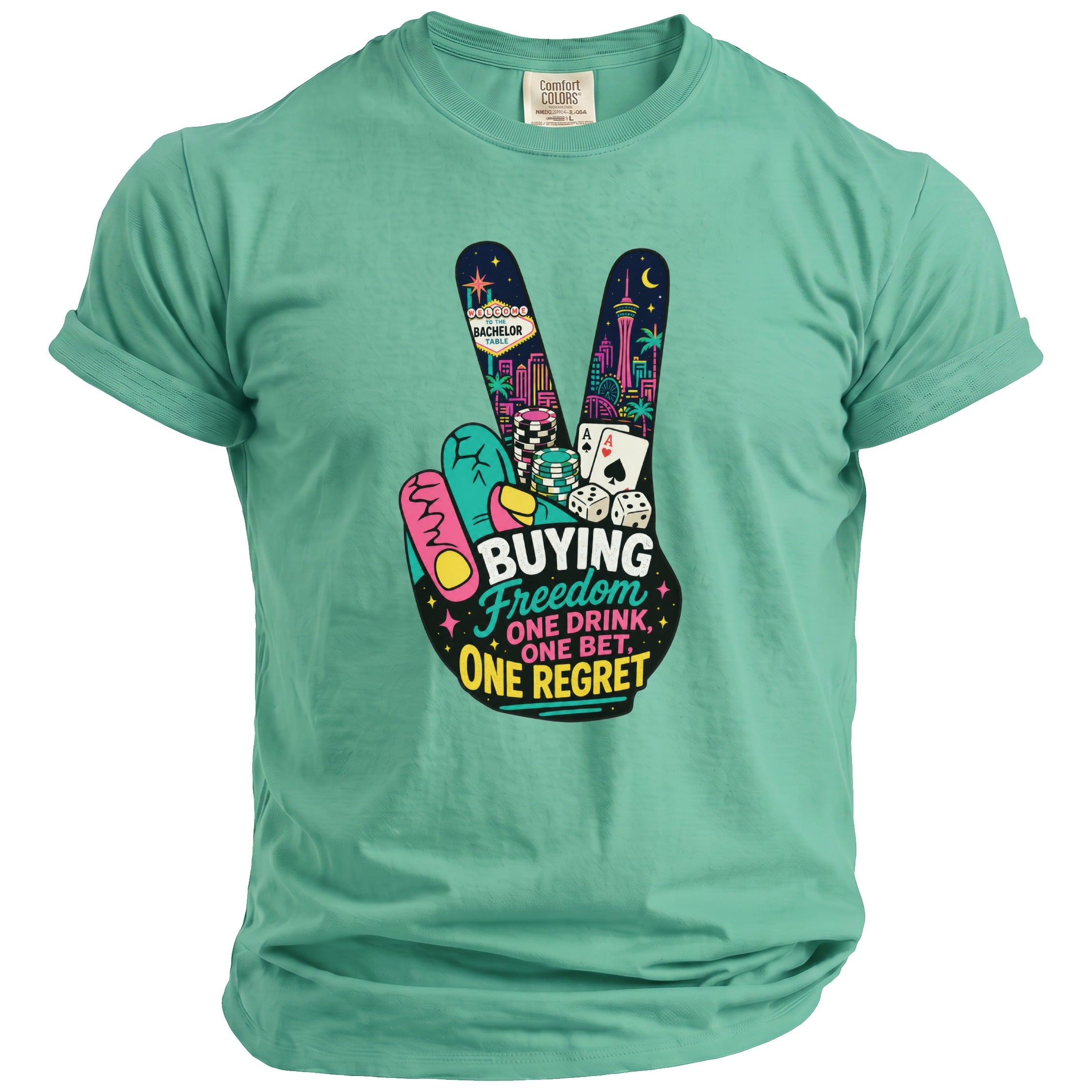 Peace sign graphic with Las Vegas scene, dice, cards, and text about freedom and regret.