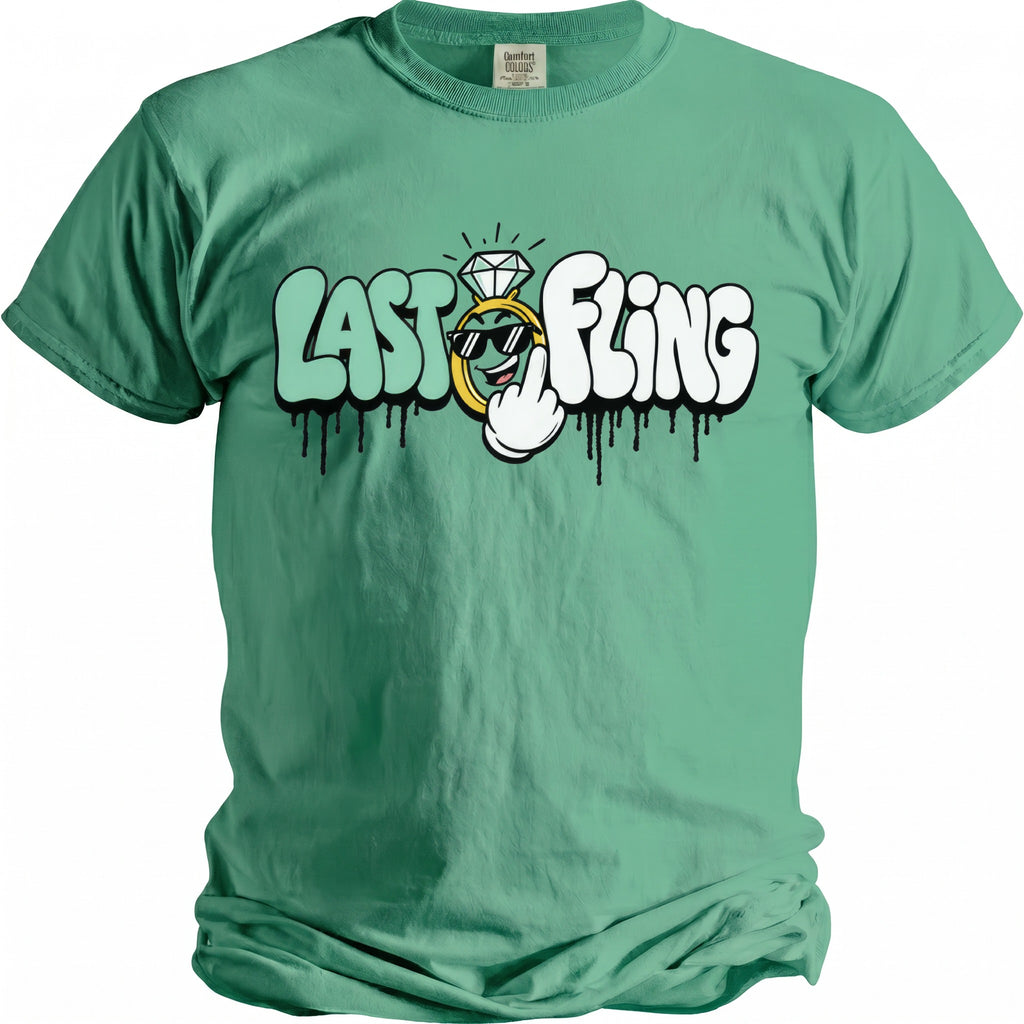 Green t-shirt with "LAST FLING" text and a cartoon ring with sunglasses.