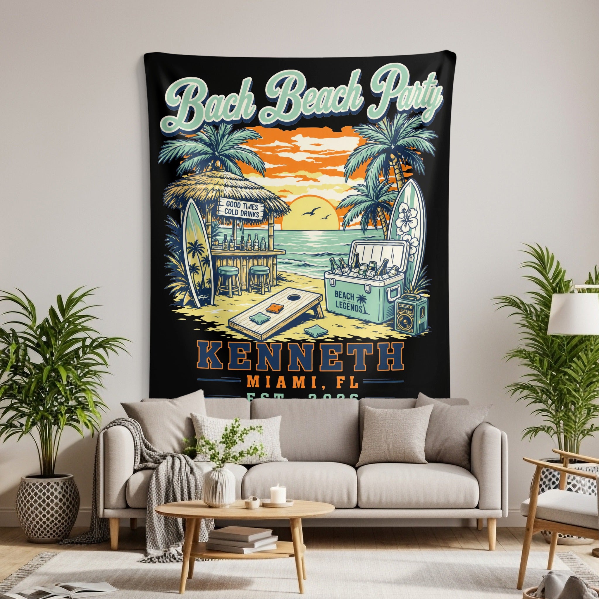 "Bach Beach Party" tapestry with "Kenneth Miami, FL Est. 2026" text