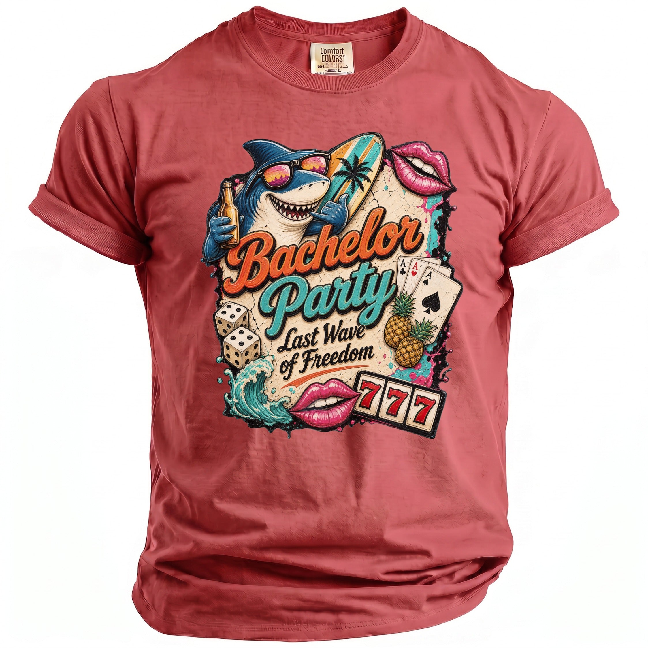 T-shirt with "Bachelor Party Last Wave of Freedom" graphic and cartoon shark.