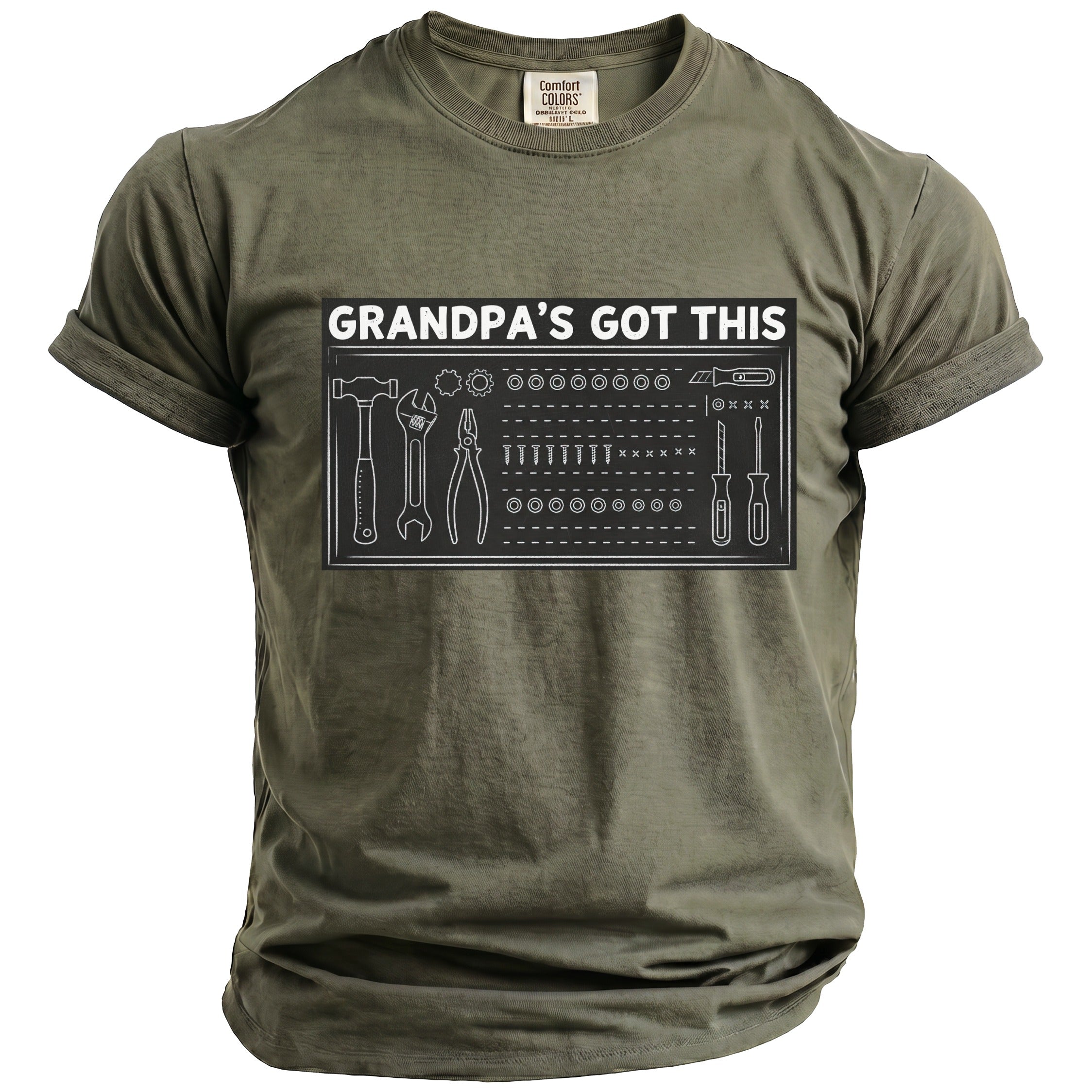 Green t-shirt with "Grandpa's Got This" text and tool illustrations.
