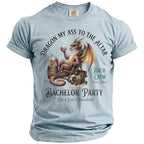Light blue t-shirt with a dragon and "Dragon My Ass to the Altar" text.
