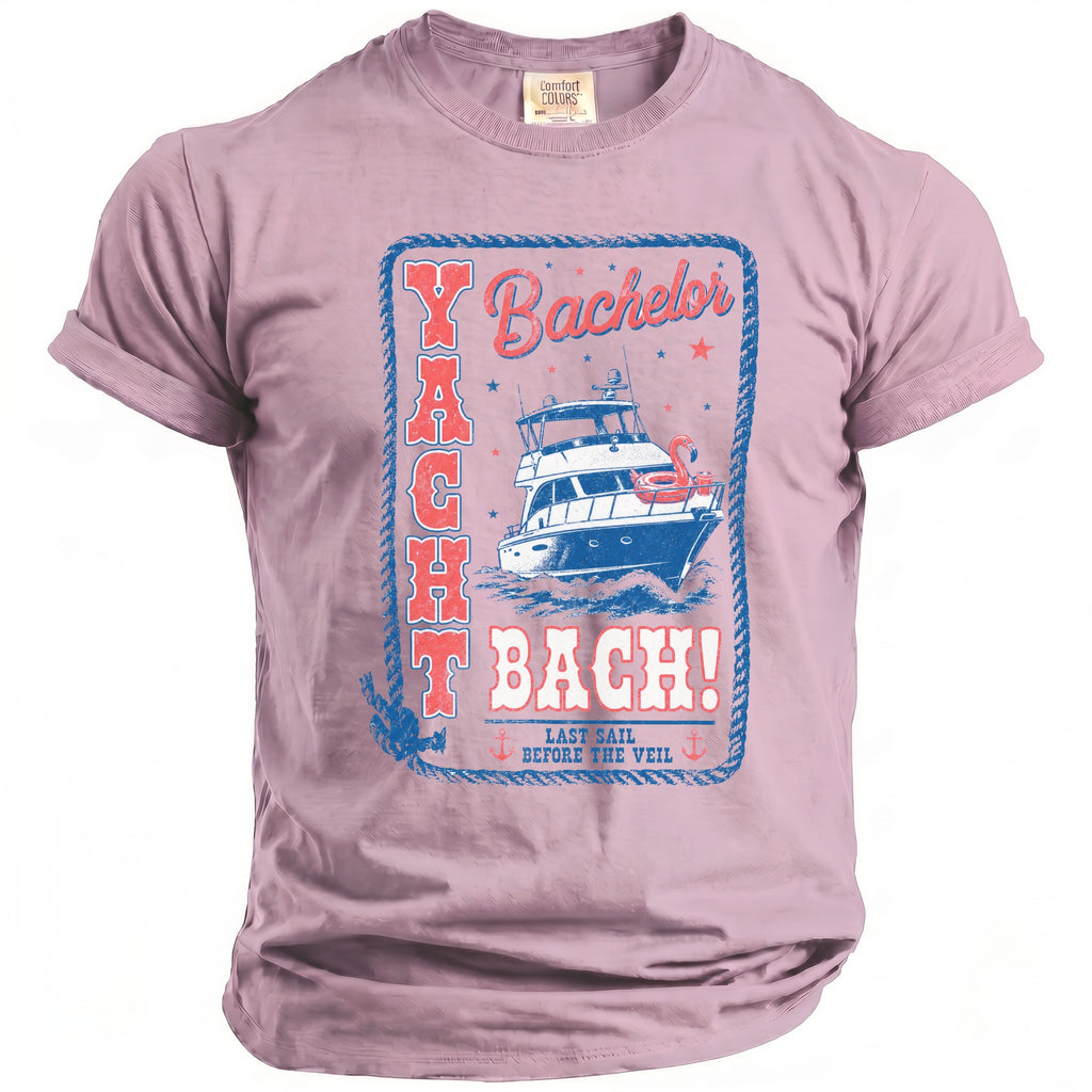 Lavender t-shirt featuring a blue and red graphic with a yacht and the text Yacht Bach! Last Sail Before The Veil.