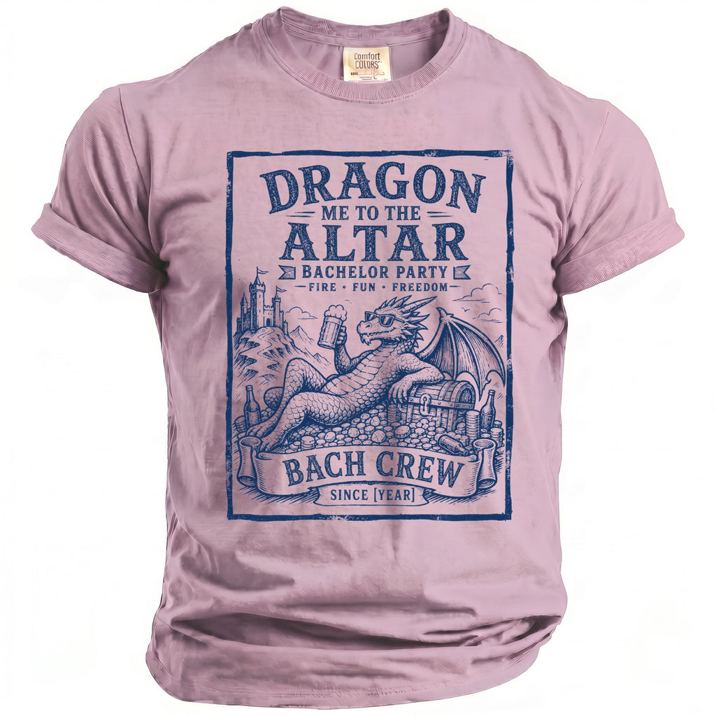 T-shirt with blue graphic of dragon, beer, treasure, and text "Dragon Me to the Altar Bach Crew".