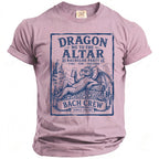 T-shirt with blue graphic of dragon, beer, treasure, and text "Dragon Me to the Altar Bach Crew".