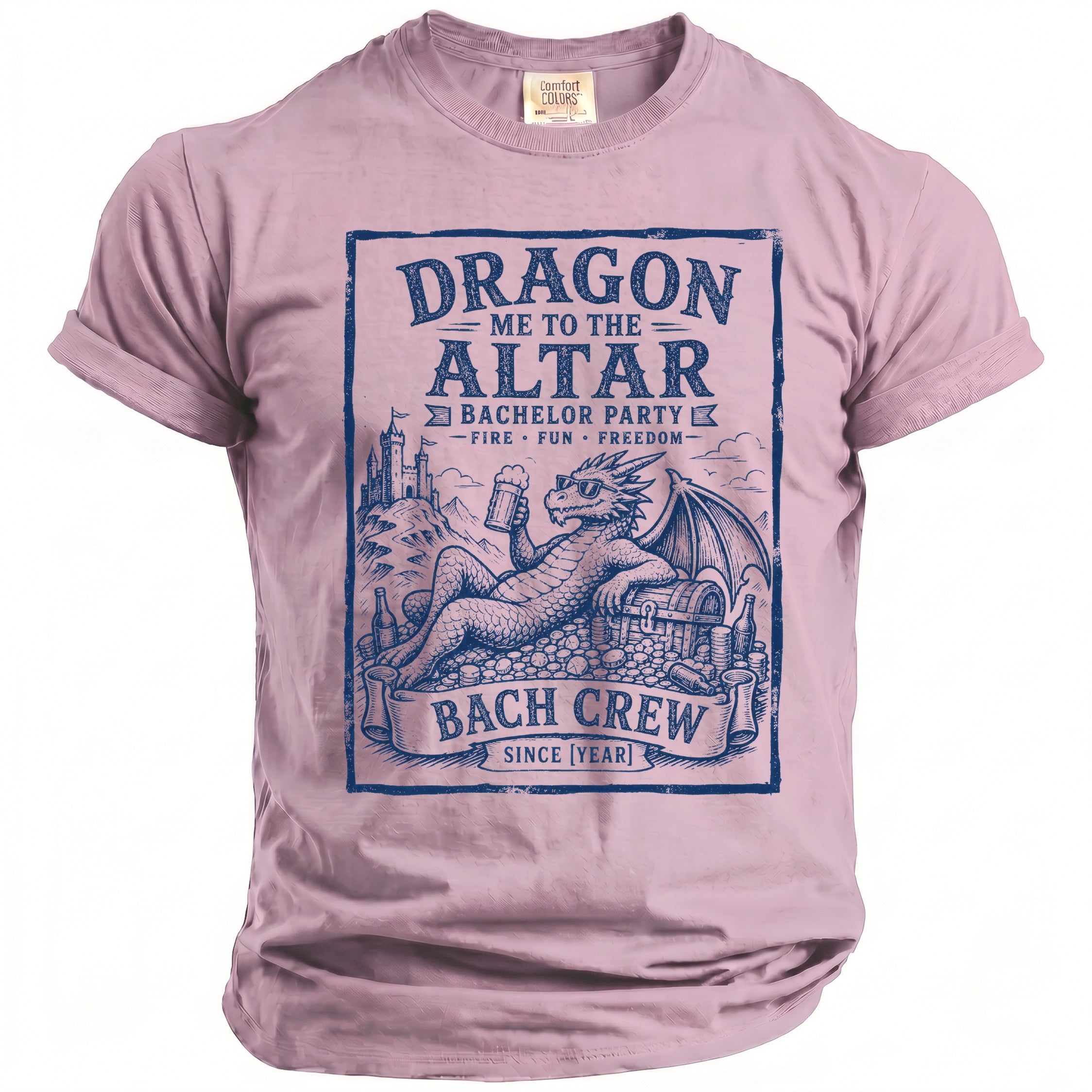 T-shirt with blue graphic of dragon, beer, treasure, and text "Dragon Me to the Altar Bach Crew".