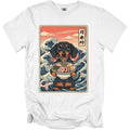 Dachshund eating ramen in front of Japanese-style waves with text.