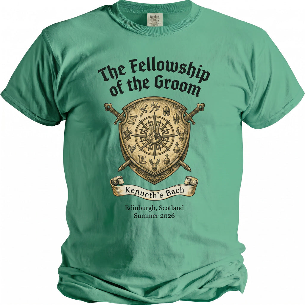 Green t-shirt with "The Fellowship of the Groom" and a shield design.