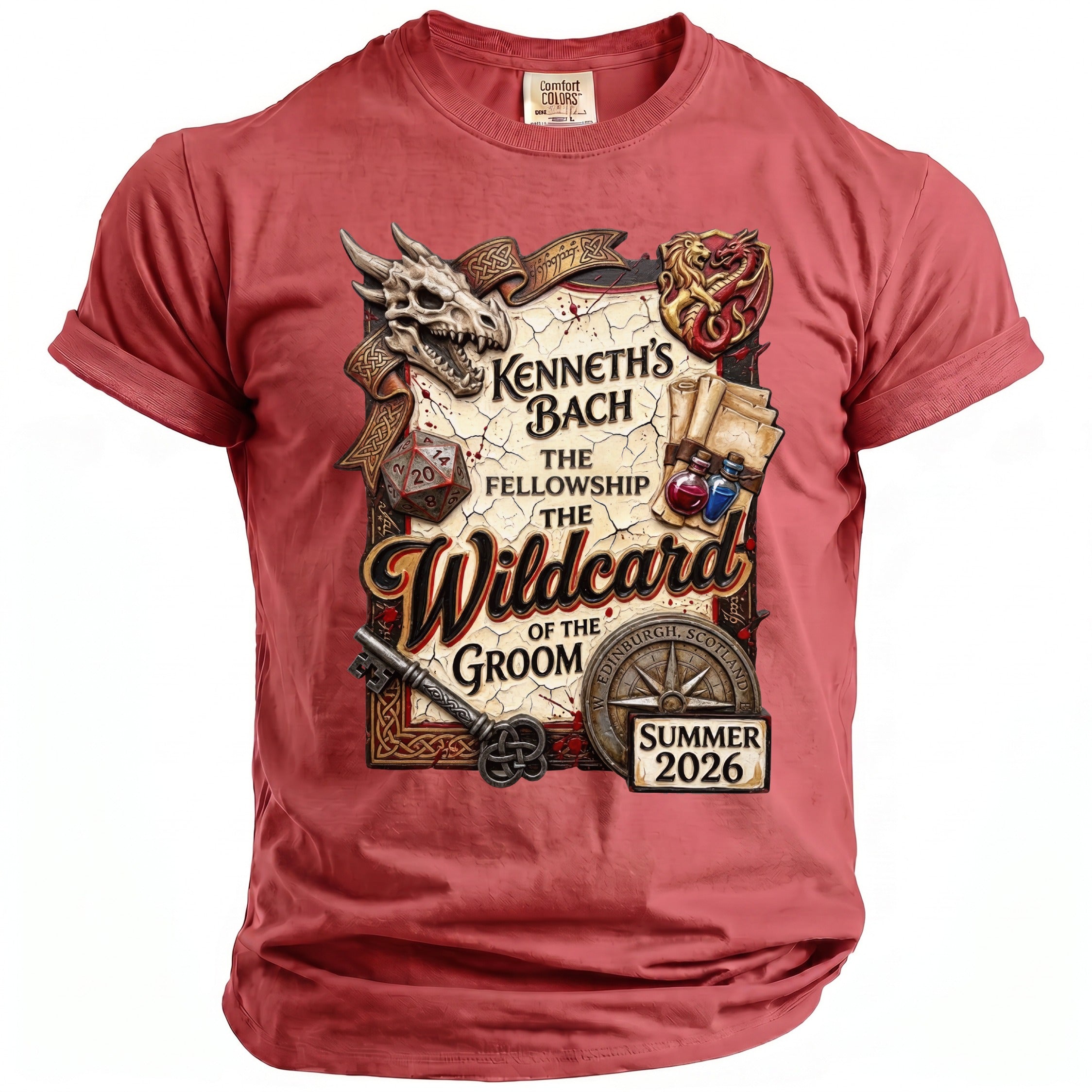Red t-shirt with a graphic of a dragon, skull, D20 die, potions, and text "Kenneth's Bach The Fellowship The Wildcard of the Groom Edinburgh, Scotland Summer 2026".