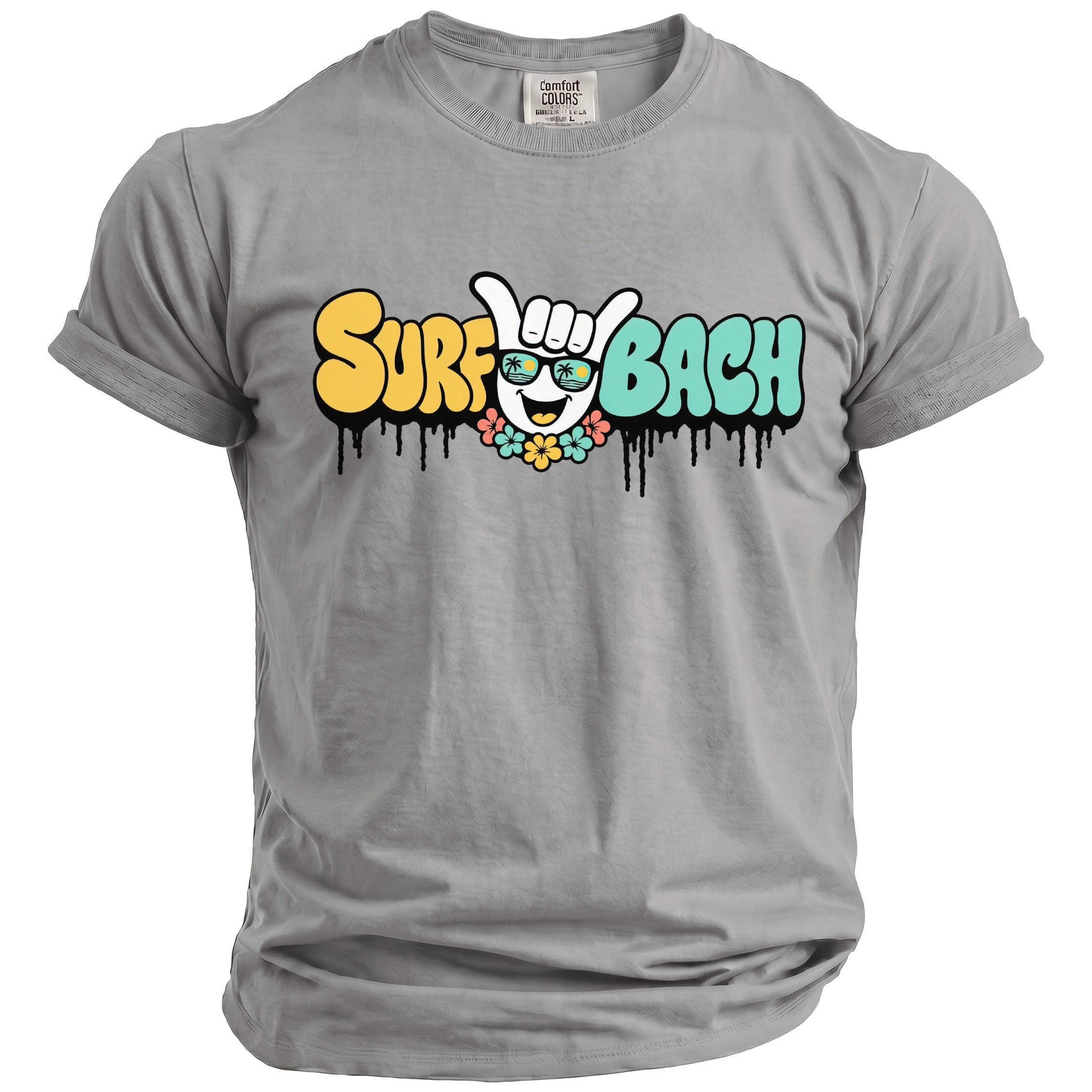 Grey t-shirt with "Surf Bach" text and a graphic of sunglasses with palm trees.