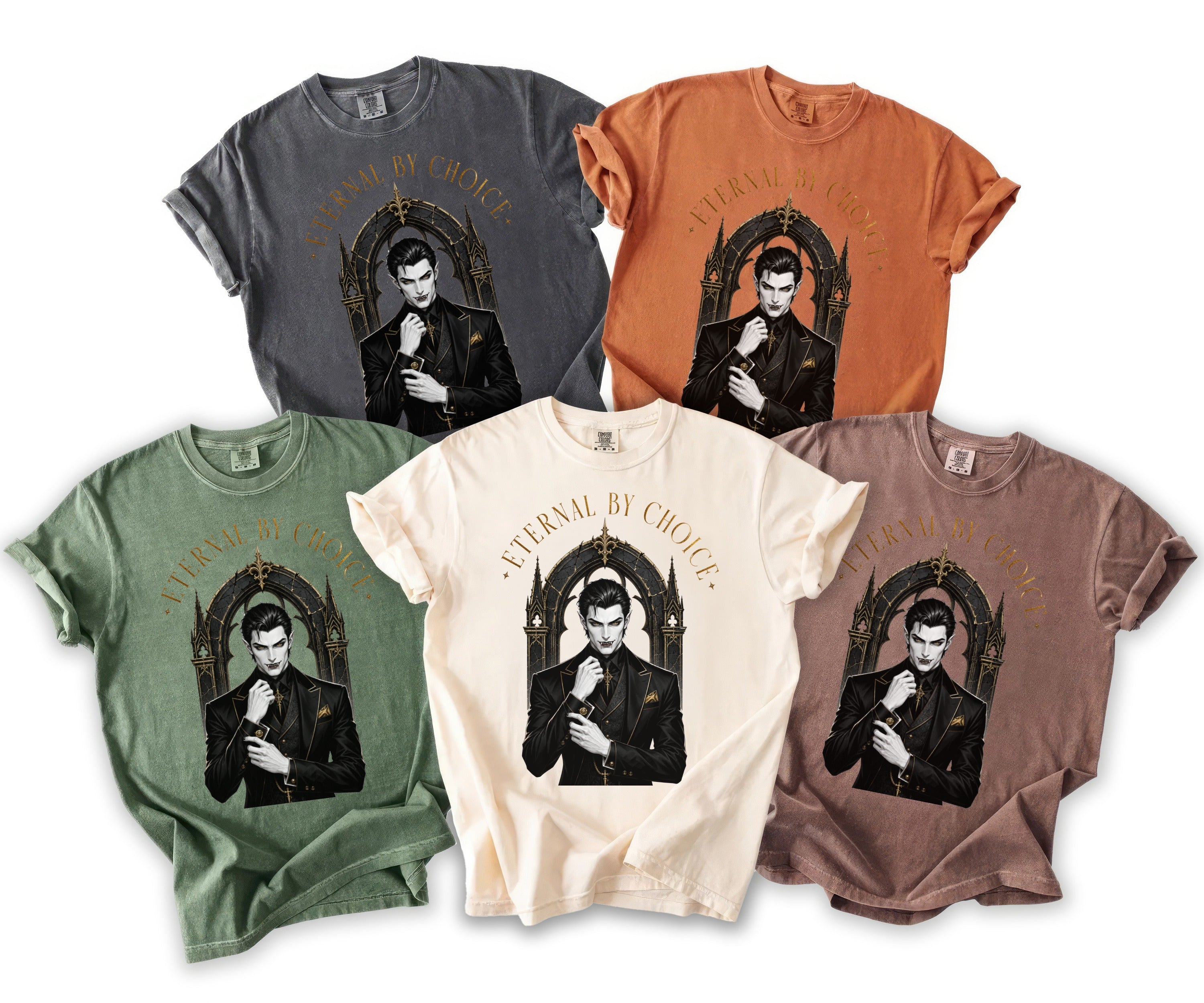Five t-shirts in different colors featuring a vampire illustration and "ETERNAL BY CHOICE" text.