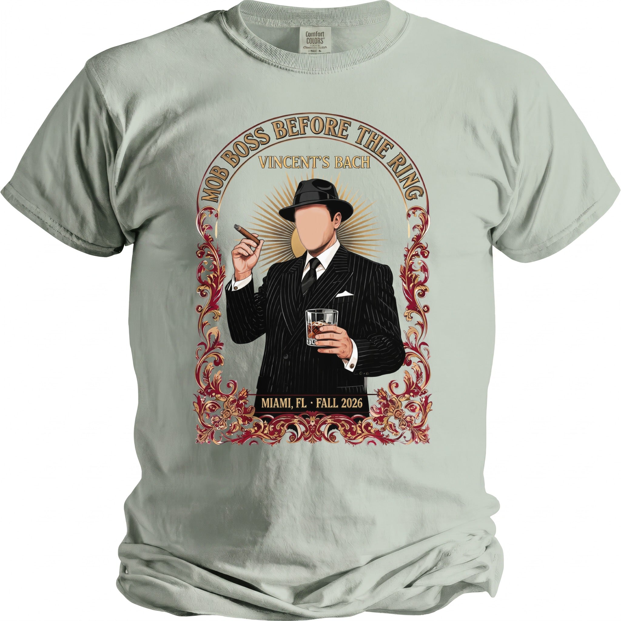 "Mob Boss Before the Ring" graphic with man holding cigar and drink. Vincent's Bach, Miami FL Fall 2026.