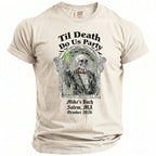 T-shirt with skeleton graphic and text "Til Death Do Us Party, Mike's Bach, Salem, MA, October 2026".