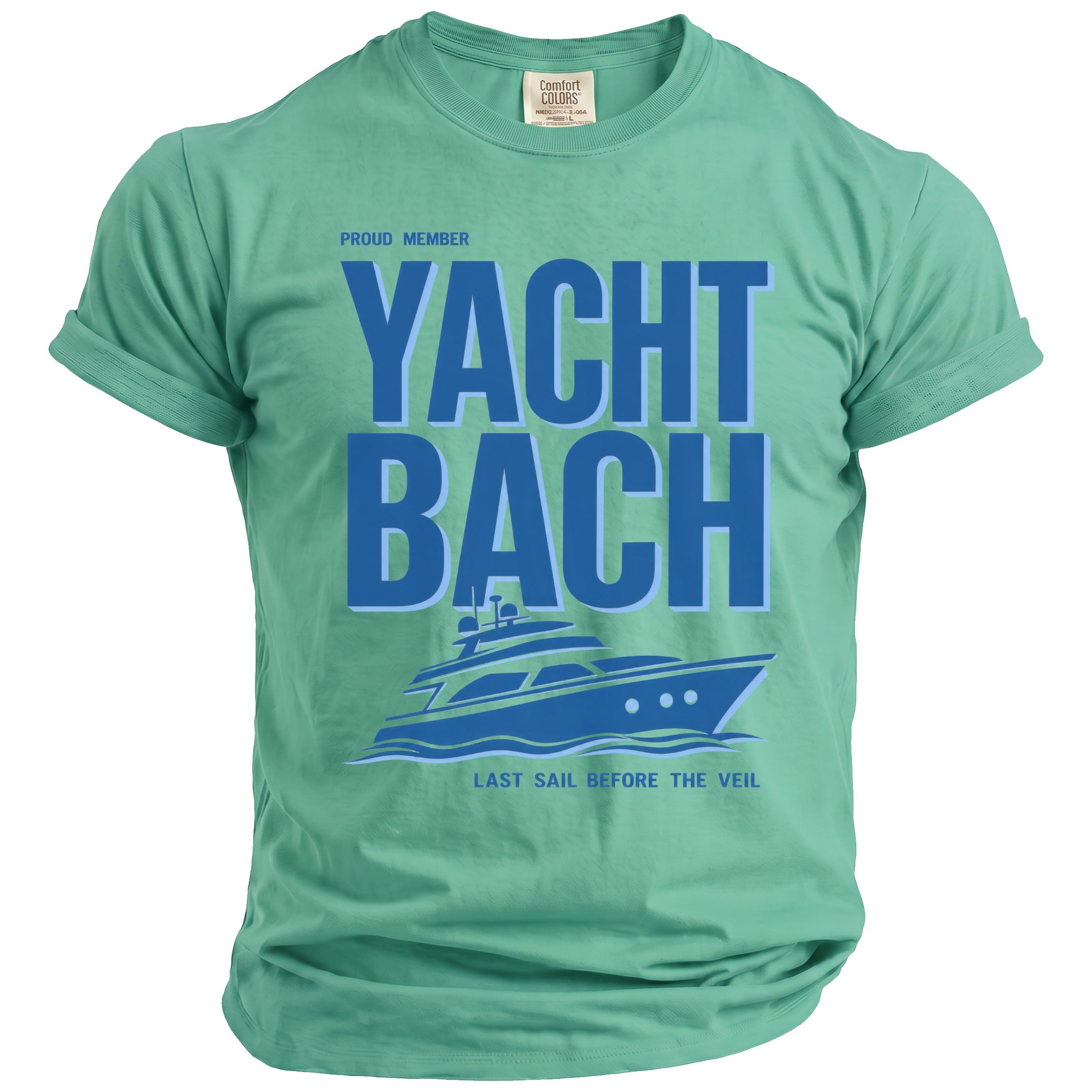 Mint green t-shirt with "YACHT BACH" text and a yacht graphic.