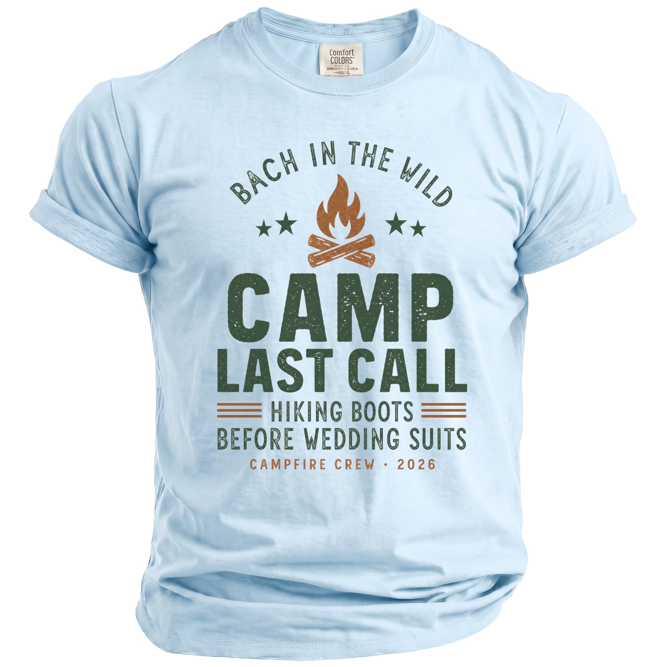 Light blue t-shirt with "Bach in the Wild Camp Last Call" text and campfire graphic.