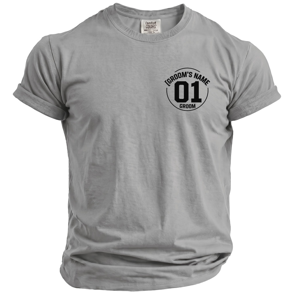 Gray t-shirt with "GROOM'S NAME" and "01 GROOM" text design.
