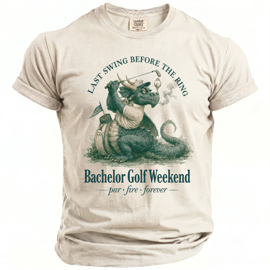Dragon golfing on a "Bachelor Golf Weekend" t-shirt with text "Last Swing Before The Ring".