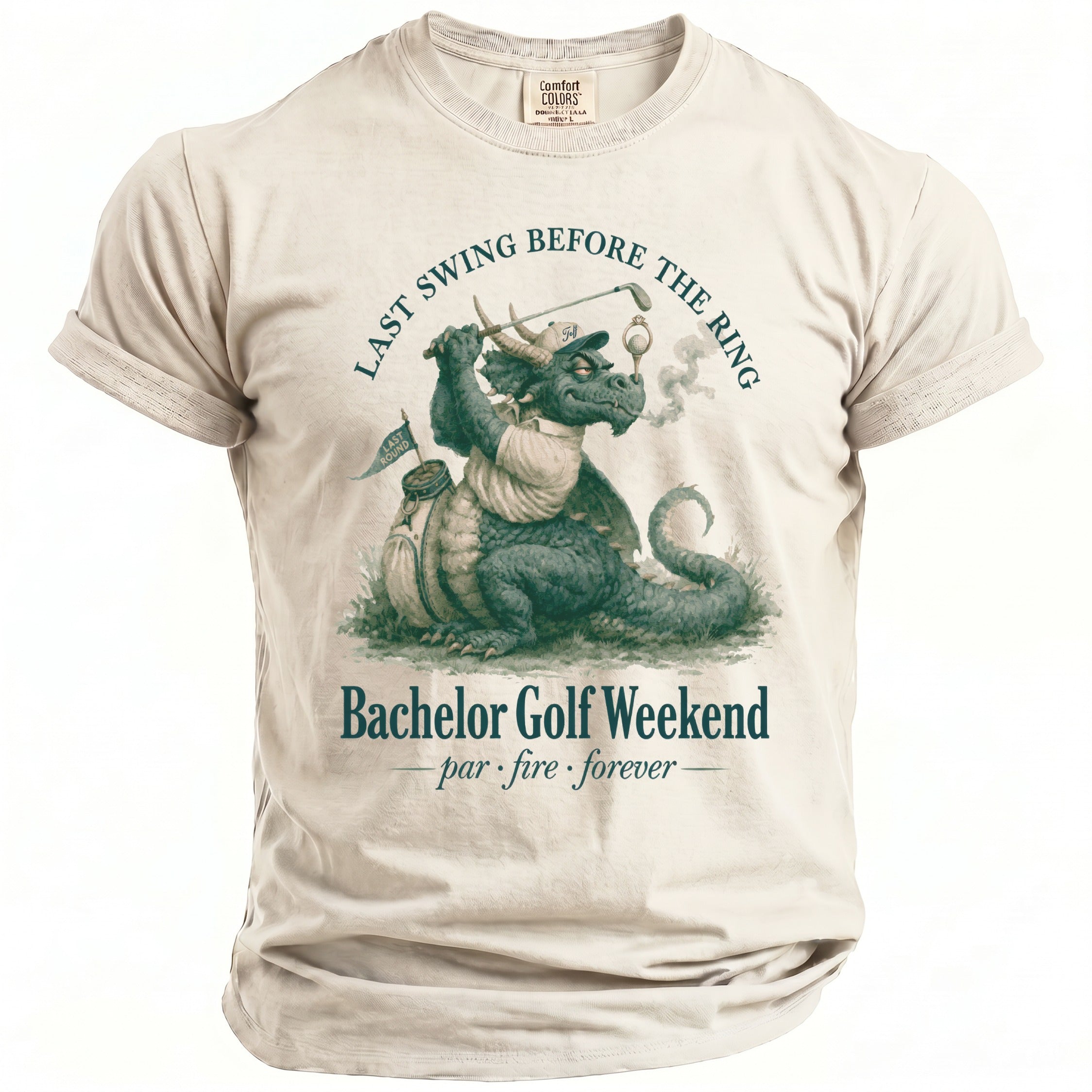 Dragon golfing on a "Bachelor Golf Weekend" t-shirt with text "Last Swing Before The Ring".