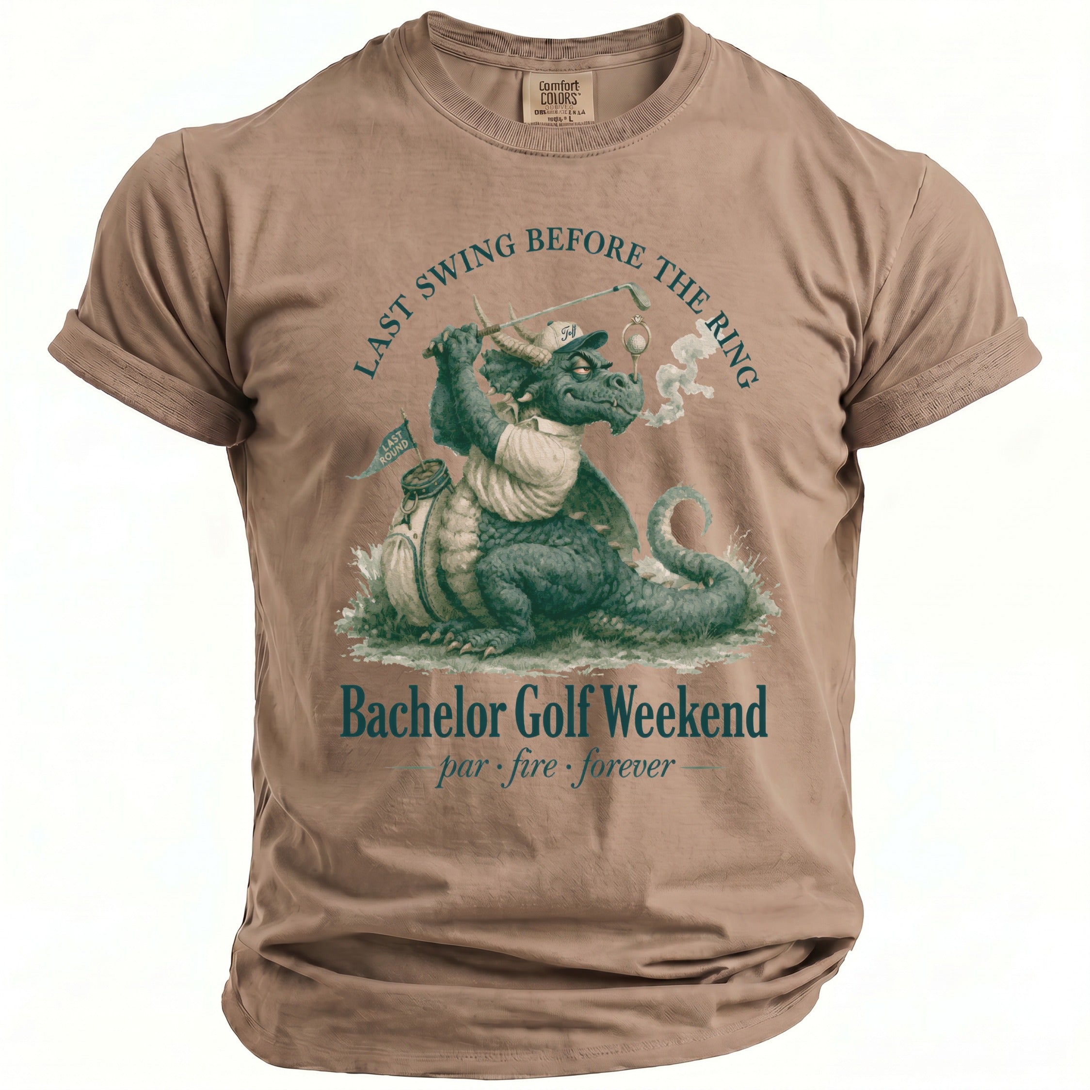 T-shirt with a dragon golfing, stating "Bachelor Golf Weekend".