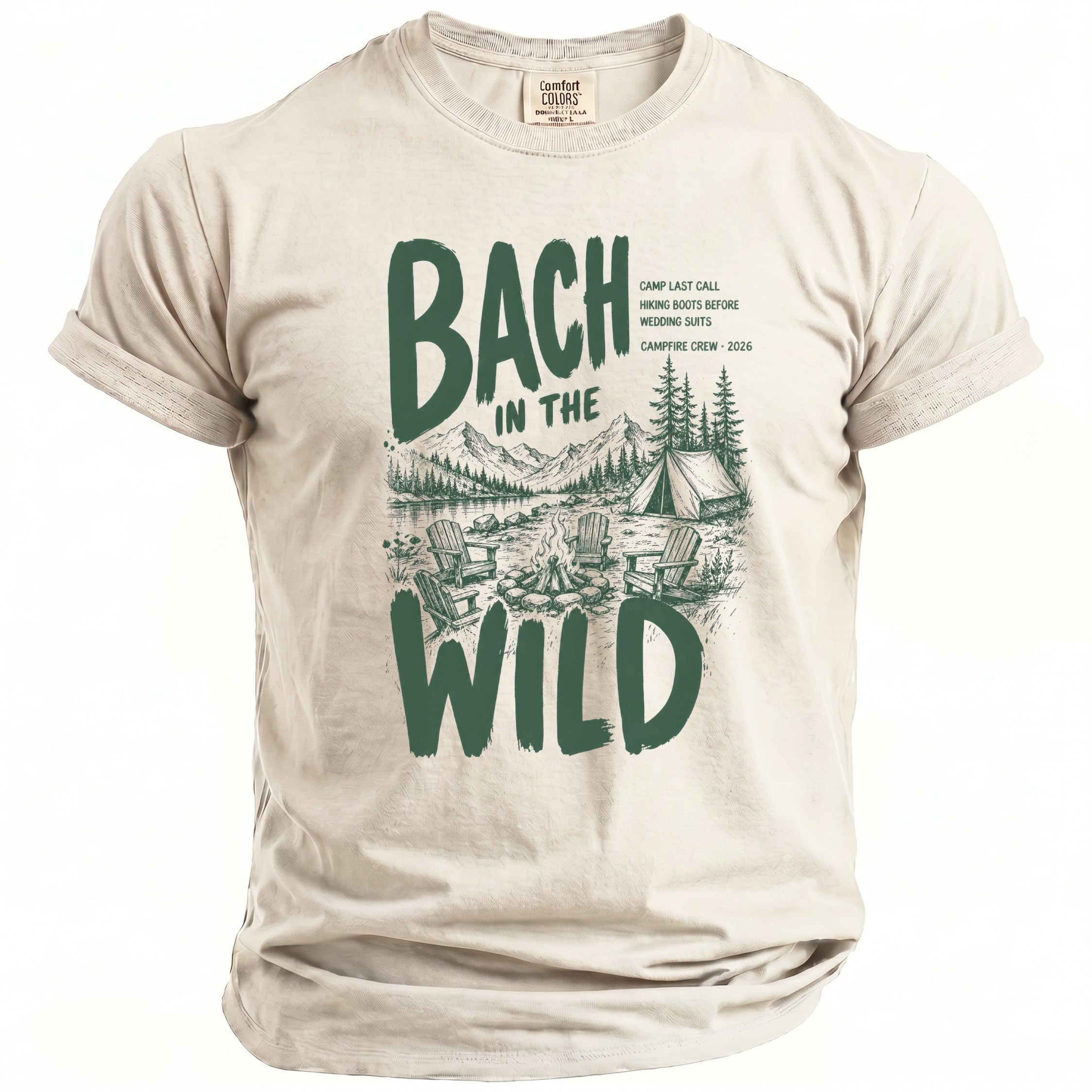 Cream t-shirt with "Bach in the Wild" graphic depicting a campsite.
