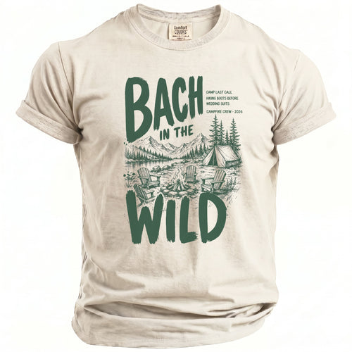 Cream t-shirt with "Bach in the Wild" graphic depicting a campsite.