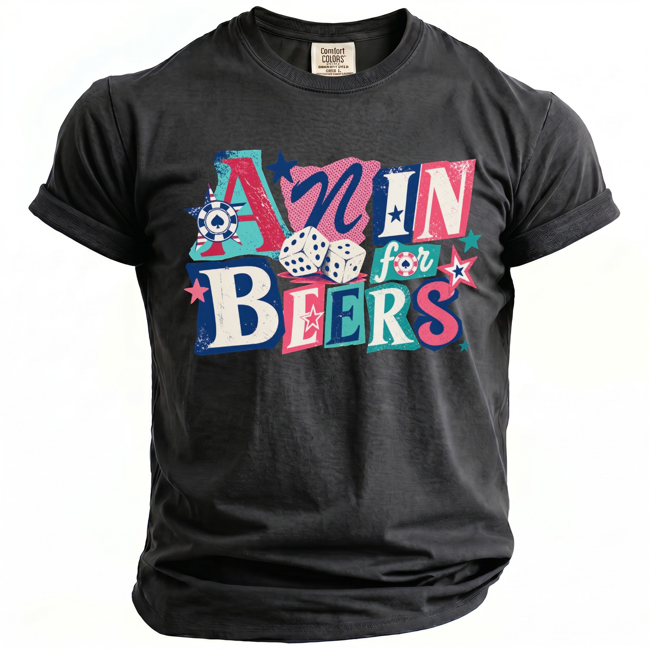 Dark grey t-shirt with "A MIN for BEERS" text and dice graphic.