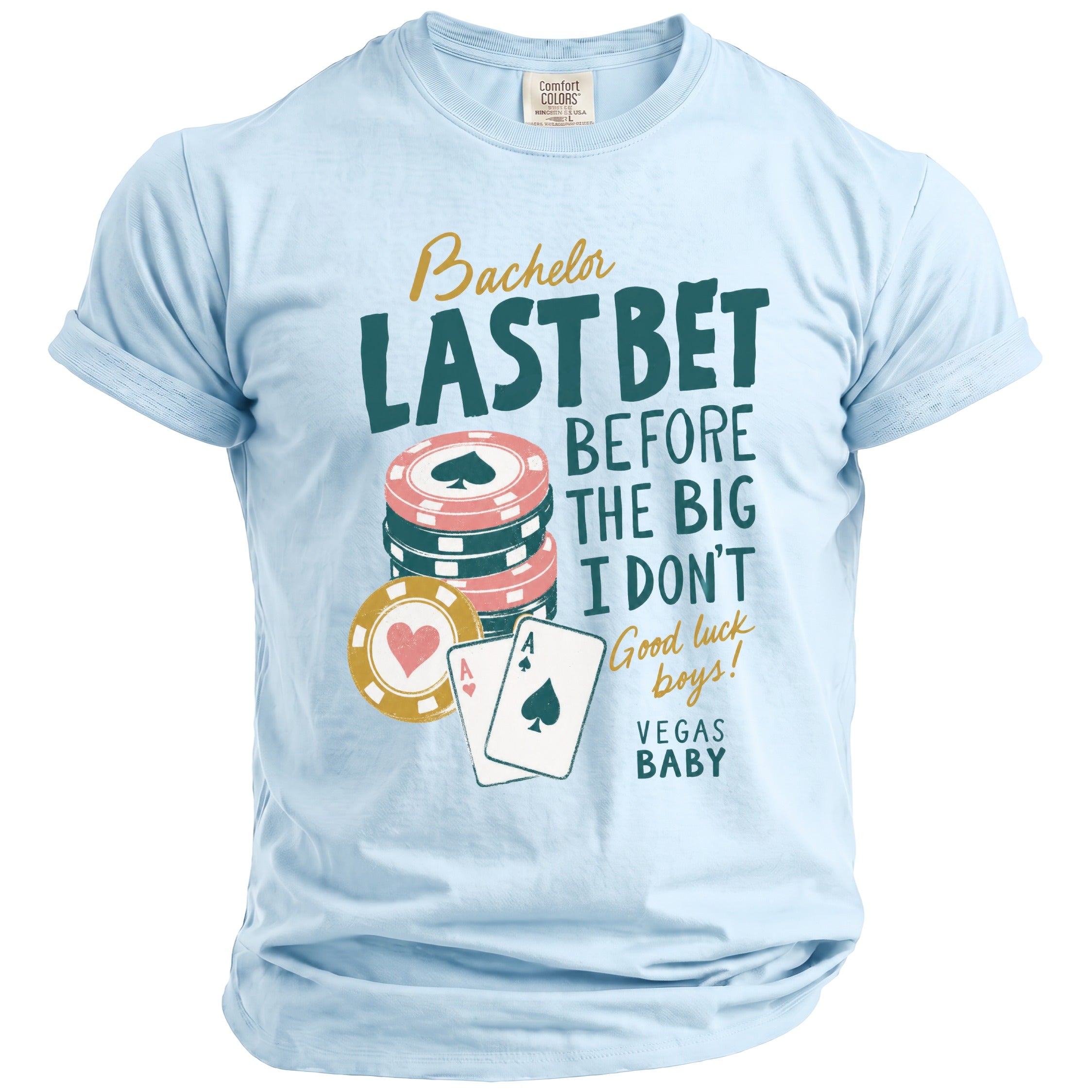 Light blue t-shirt with casino imagery and "Bachelor Last Bet Vegas Baby" text.