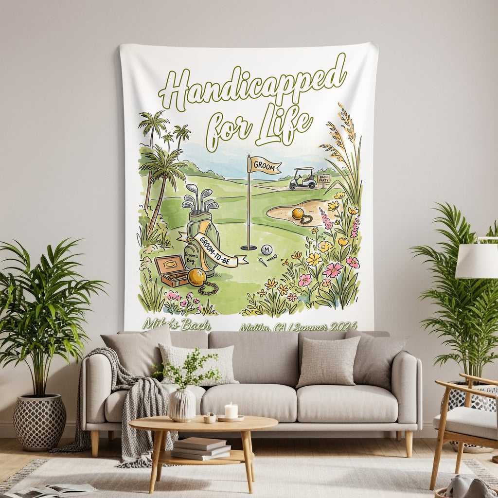 Golf course scene with "Handicapped for Life" text, groom's bag, and golf cart.