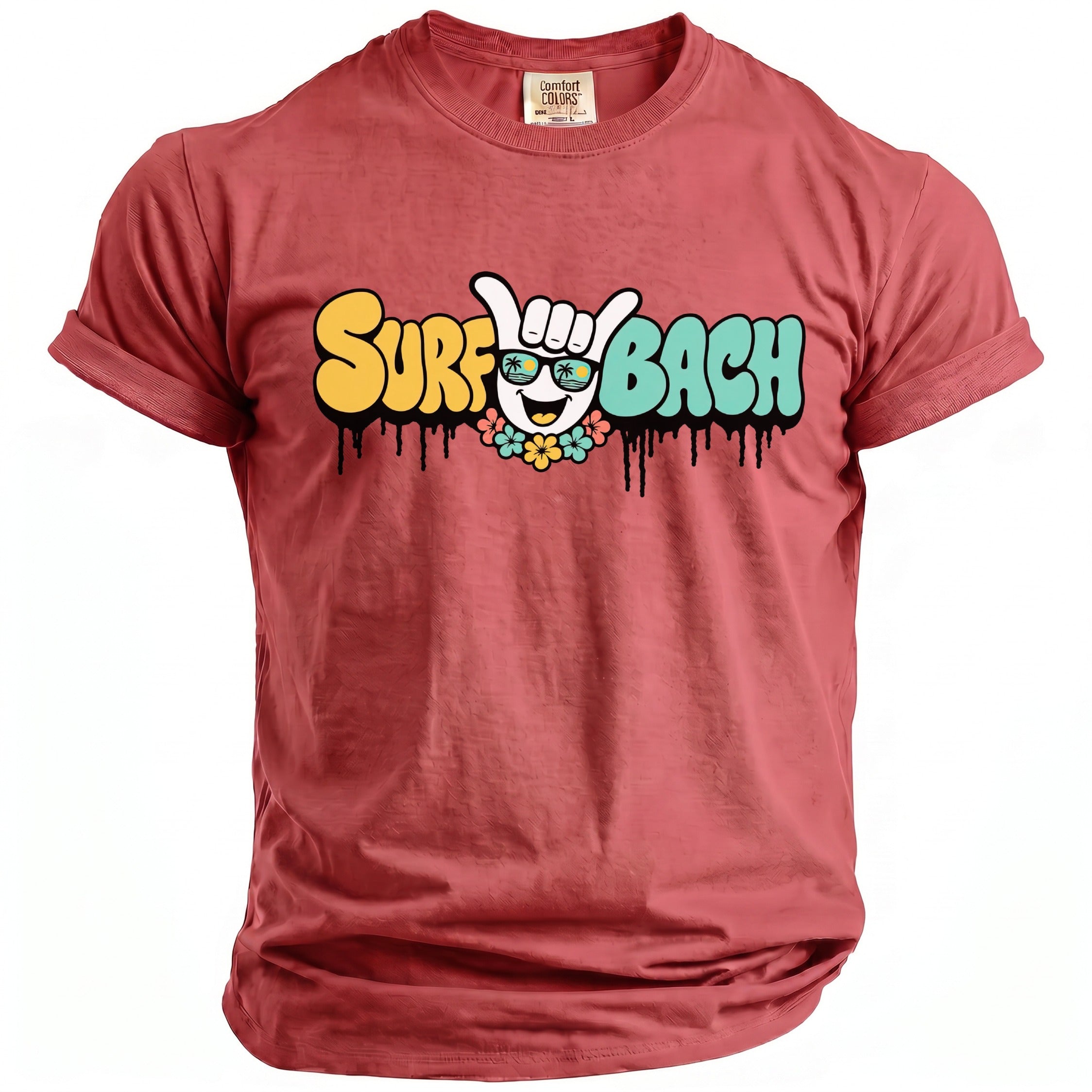 Red t-shirt with "SURF BACH" text and a cartoon sun wearing sunglasses.