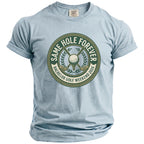 Light blue t-shirt with "Same Hole Forever Bachelor Golf Weekend 2026" graphic.
