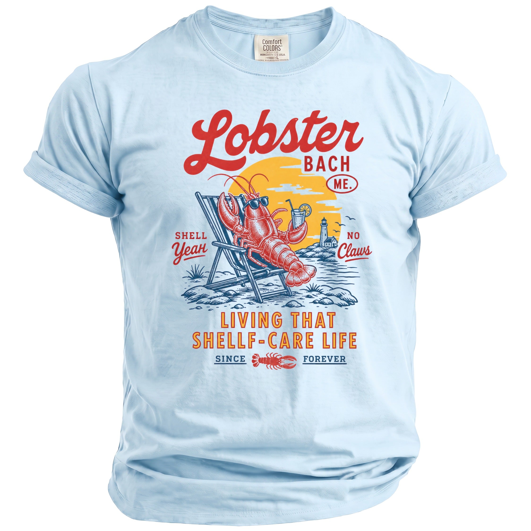 Lobster Bach ME graphic t-shirt with lobster lounging on beach chair.