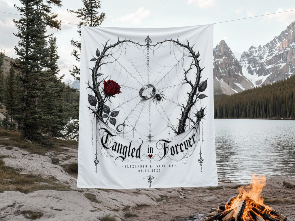 White banner with "Tangled in Forever" and wedding date, featuring thorns, rose, and spider.