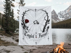 White banner with "Tangled in Forever" and wedding date, featuring thorns, rose, and spider.