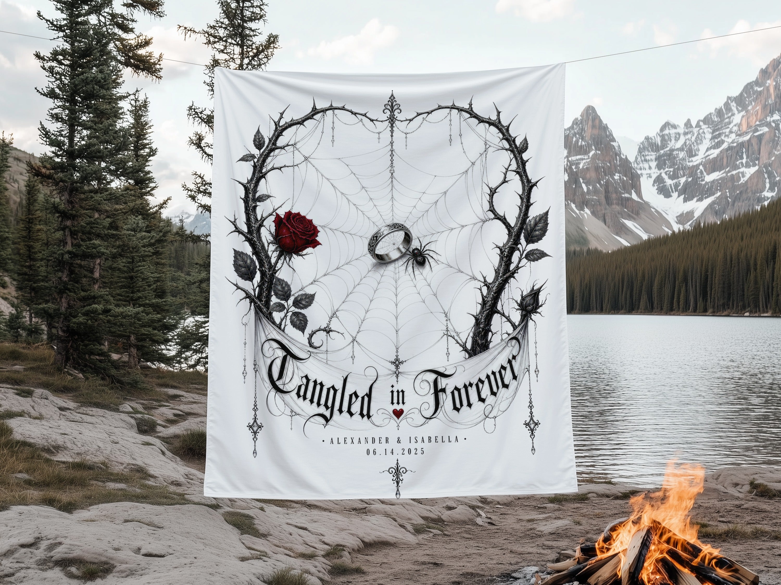White banner with "Tangled in Forever" and wedding date, featuring thorns, rose, and spider.